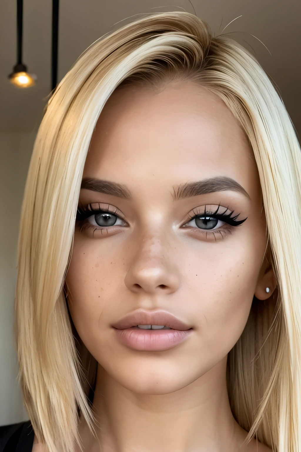 (close-up editorial front photo of 25 yo woman, blonde hair, slim latinas sweetheart), (freckles:0.9), (full lips) close, (yelloreen) eyes, POV, realistic[:, (film grain, 25mm, f/1.2, dof, bokeh, beautiful symmetrical face, perfect sparkling eyes, well defined pupils, high contrast eyes, ultra detailed skin, skin pores, vellus hair, fabric stitching, fabric texture, wood grain, stone texture, finely detailed features:1):0.9]