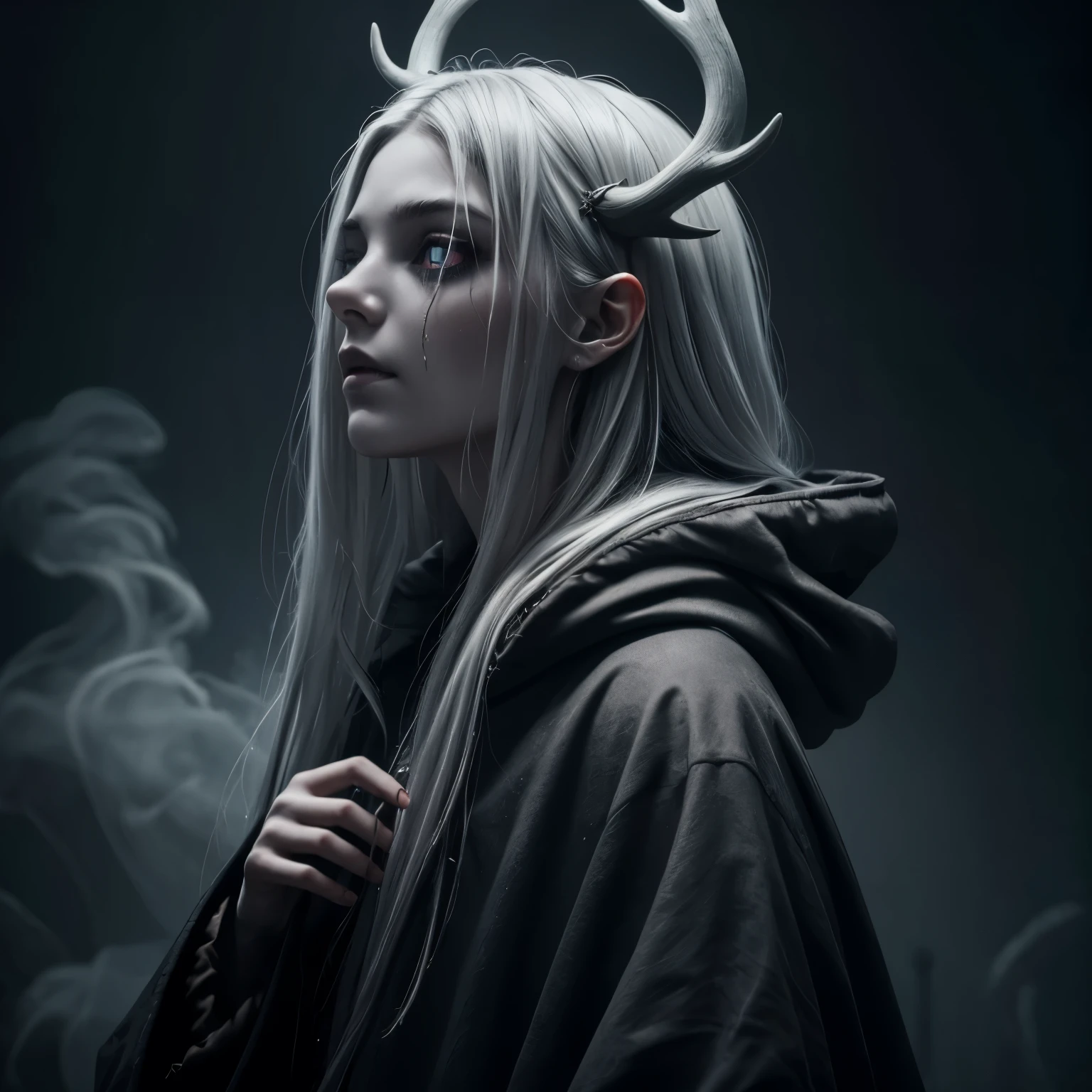 dark, unholy, evil, astral, creepy style, undead, rotting skin, mystical, nice perfect face with soft skin, young beautiful girl portrait on fire, grey smoke, mist, night, hood, long hair, antlers, white empty eyes, from side, red glow, knife