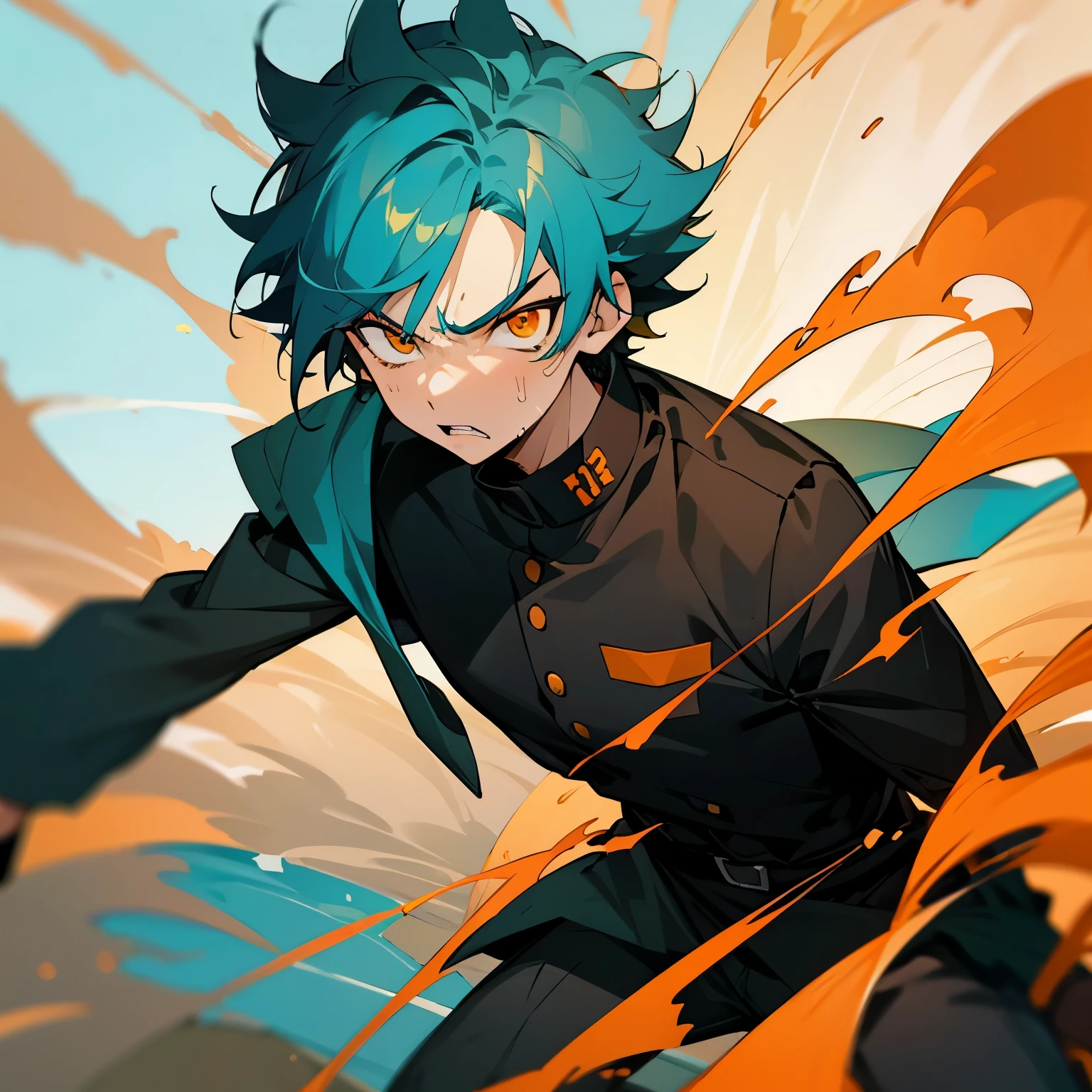 1 boy, Turquoise hair, orange eyes, black cloth, handsome, , wearing uniform, orange eye liner, mad, angry, light power