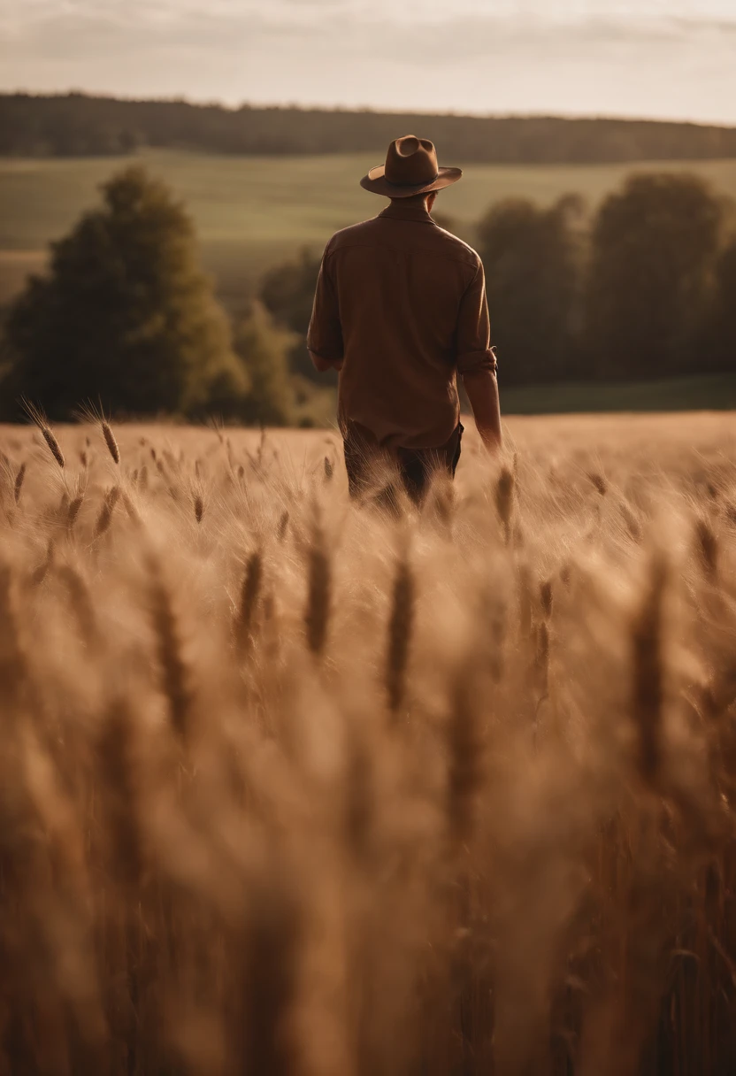 a lifestyle shot of a person walking through a wheat field, surrounded by the tall stalks, capturing the sense of being immersed in the beauty of nature