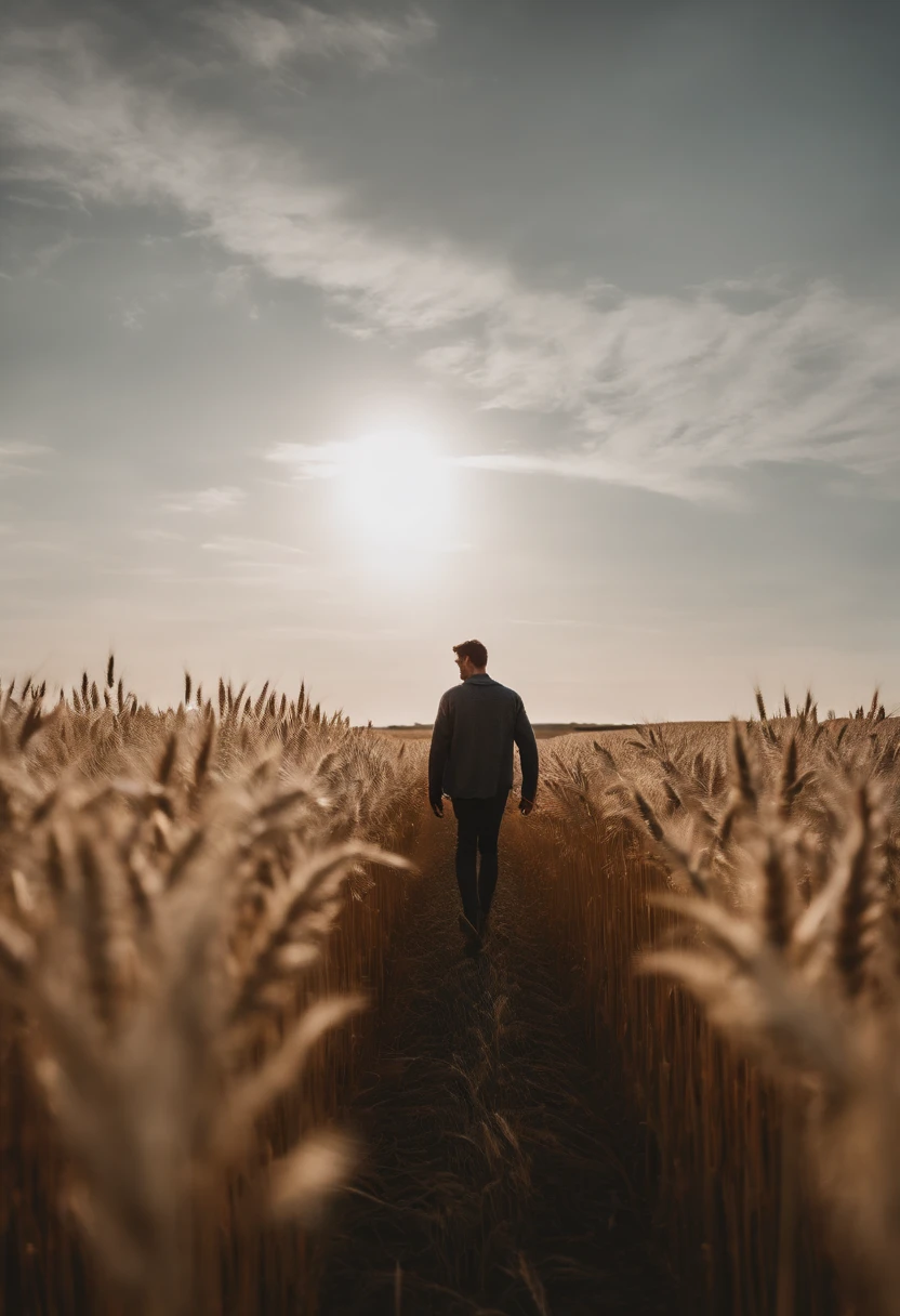 a lifestyle shot of a person walking through a wheat field, surrounded by the tall stalks, capturing the sense of being immersed in the beauty of nature