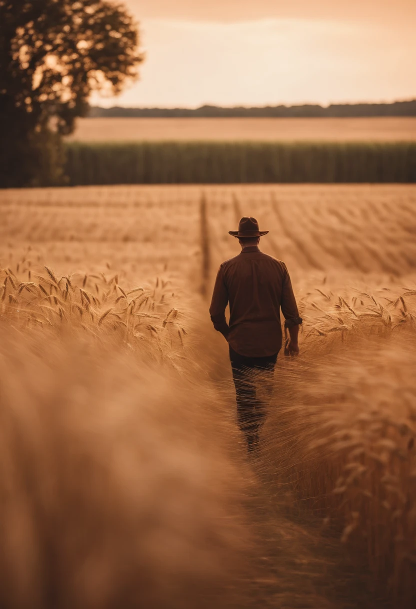 a lifestyle shot of a person walking through a wheat field, surrounded by the tall stalks, capturing the sense of being immersed in the beauty of nature