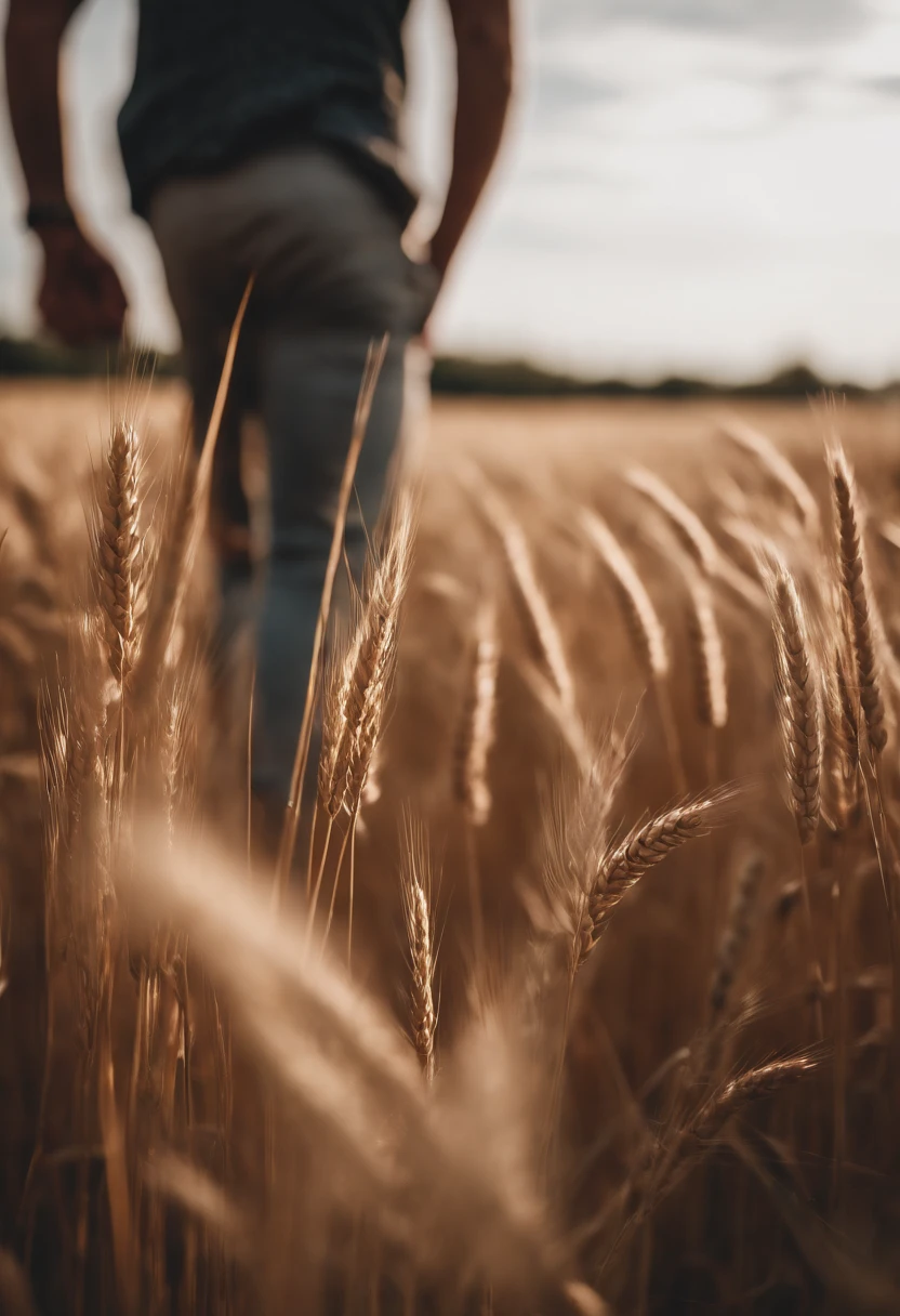 a lifestyle shot of a person walking through a wheat field, surrounded by the tall stalks, capturing the sense of being immersed in the beauty of nature