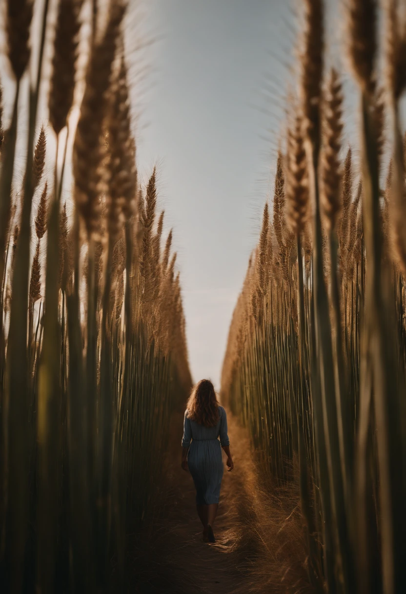 a lifestyle shot of a person walking through a wheat field, surrounded by the tall stalks, capturing the sense of being immersed in the beauty of nature