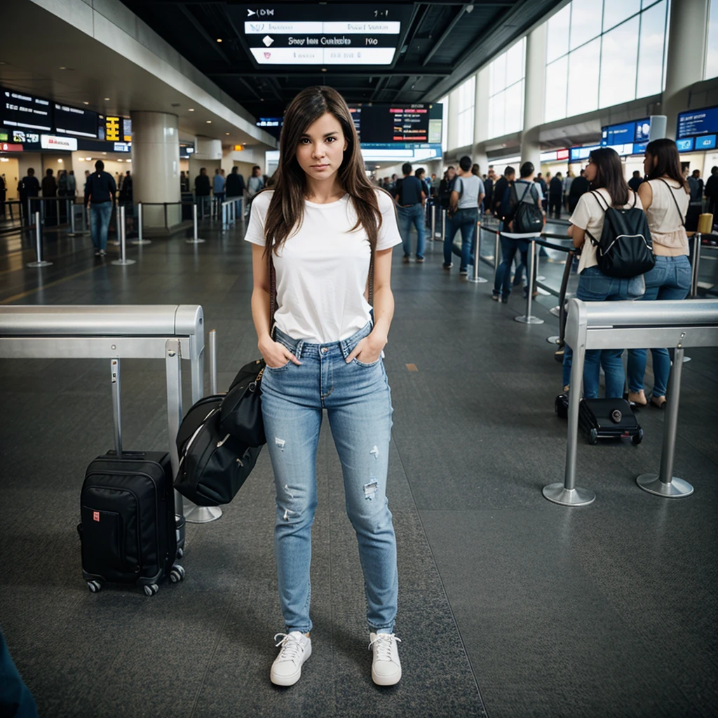 Alone at the airport, ready to board in jeans