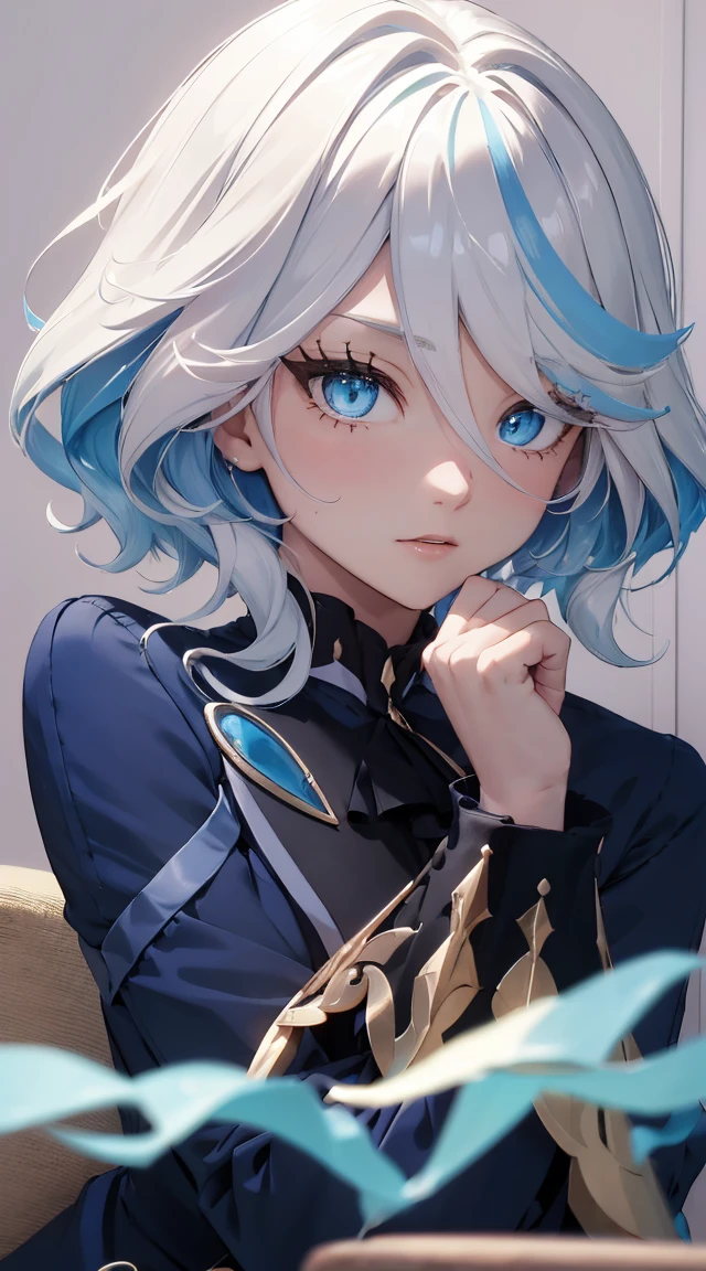 ((of the highest quality, 8K, masutepiece: 1.3, Ultra HD, High quality, Best Quality, High Definition, Realism)), Sharp Focus: 1.5, Beautiful girl with Skinny and lean body, Skinny and lean body, Light blue hair, Blue ocean eye color light gradation, Eloahegee facial expression, Mouth open, Erotic pose on the chair, closeup view.