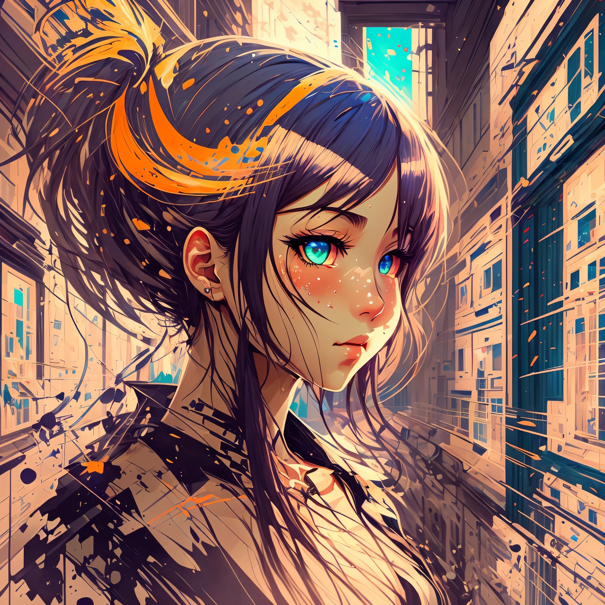ink anime art, 64K, vivid Colorful ponytail hair, Colorful eye, lighting, art by makoto shinkai --auto --s2