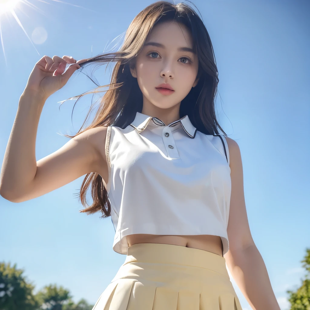 (((Upper body))), (((Pure school uniform, Sleeveless ))), (((show off))), ((())), (((front opening))), (((Transparent mini skirt))), Delicate and beautiful eyes, (((and the sun was shining brightly))), extremely detaild的 CG unified 8k wallpapers, very fine 8KCG wallpapers, (masterpiece, Best quality at best), A high resolution, ultra - detailed, Super sharp, 1 girl, barechested, (((Transparent mini skirt))), perfect  eyes，Thighs raised