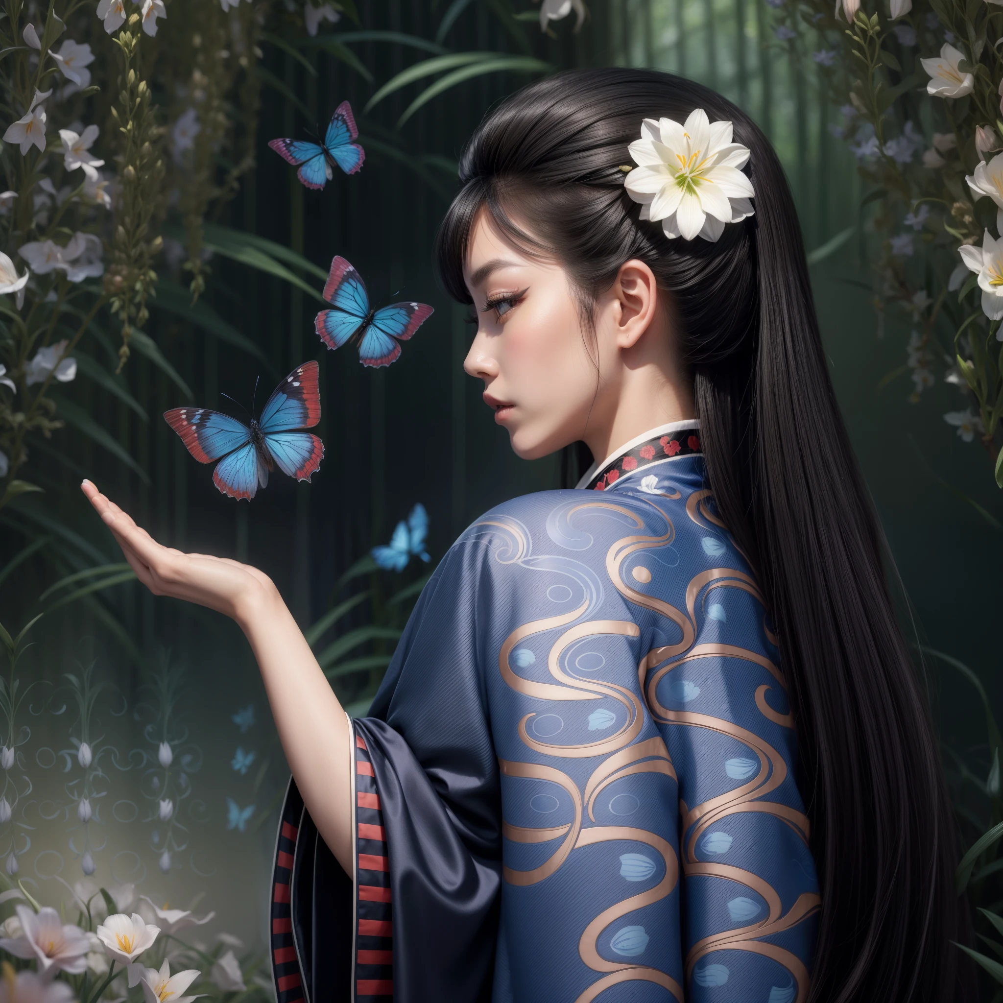 A beautiful japanese geisha with long flowing black hair, with a flower in her hair, with beautiful lips, silky skin, wearing a beautiful stylized silk kimono, with butterflies flying under her hand, and in the background a beautiful field of blue lilies, country geisha of hyperrealistic lilies, geisha of photorealistic butterflies, spring geisha of beautiful lily fields of intricate details.