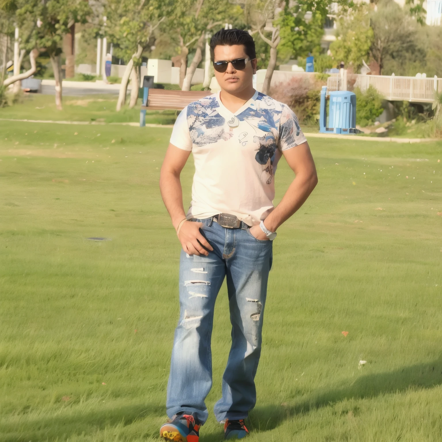 Make a image into 3D photo with ultra realistic face keeping hand on wall with epic background.