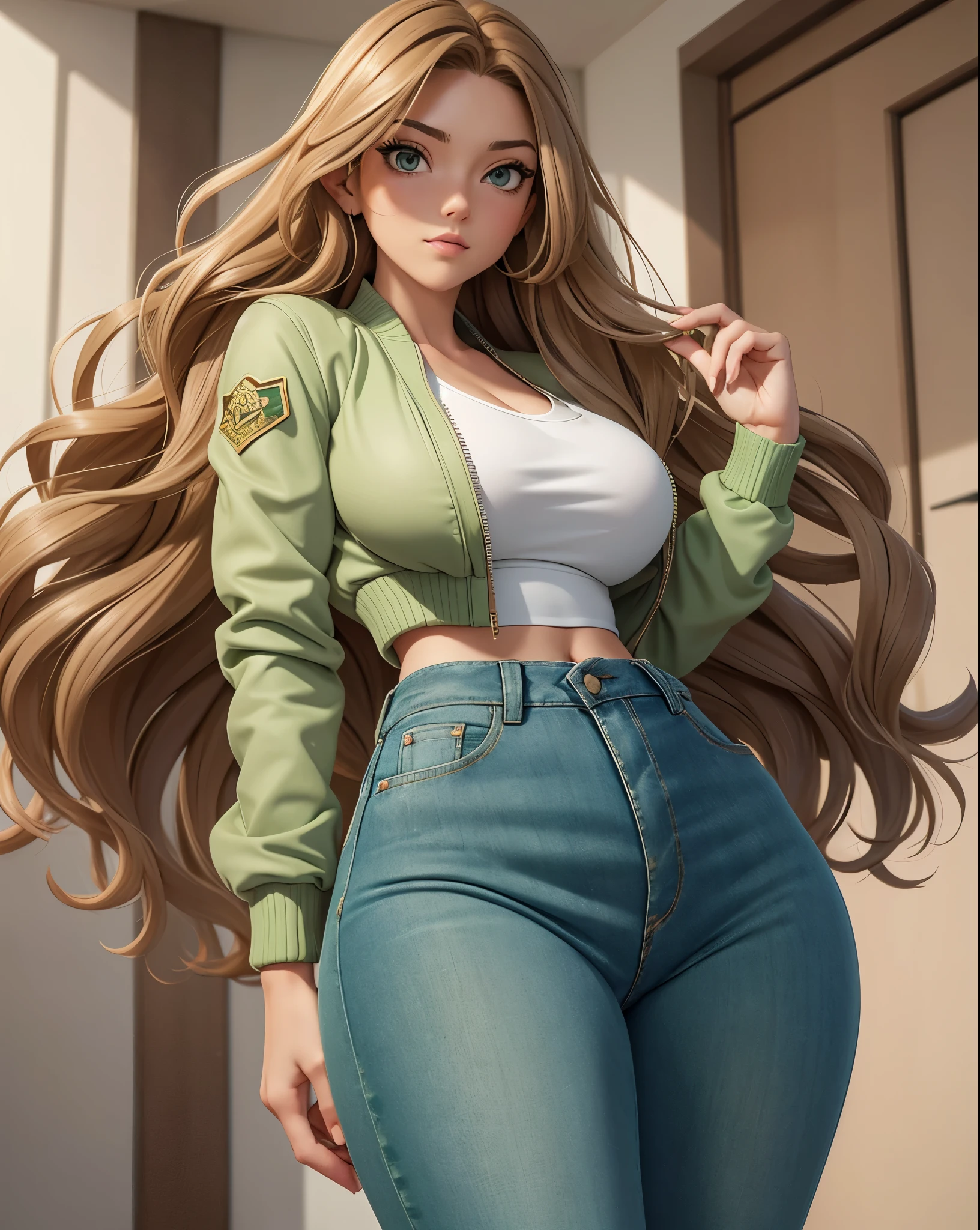 long curly light brown hair. Large, almond-shaped eyes, intense green. Slim and elegant figure. She was wearing worn jeans, a pastel-colored low-cut blouse, and a bomber jacket. She paired her outfit with white sneakers. Big boobs, big ass, nsfw