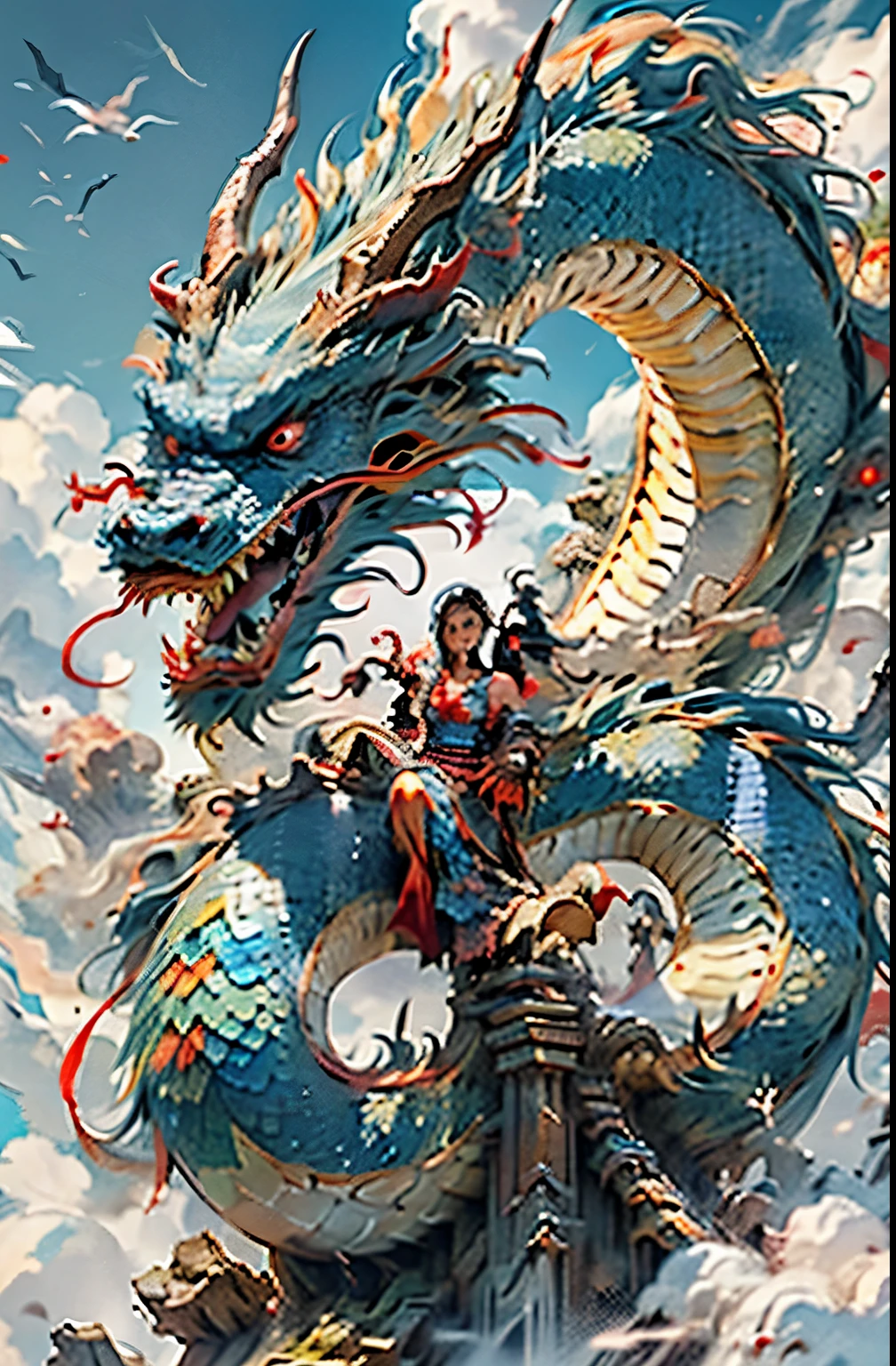 Best quality, masterpiece, ultra high res, naked non-humans, (long: 1.2), sky, red eyes, cloud, scales, dark oriental dragon, open mouth, sharp teeth, flying, horns, teeth, day, claws, fangs, blue sky
