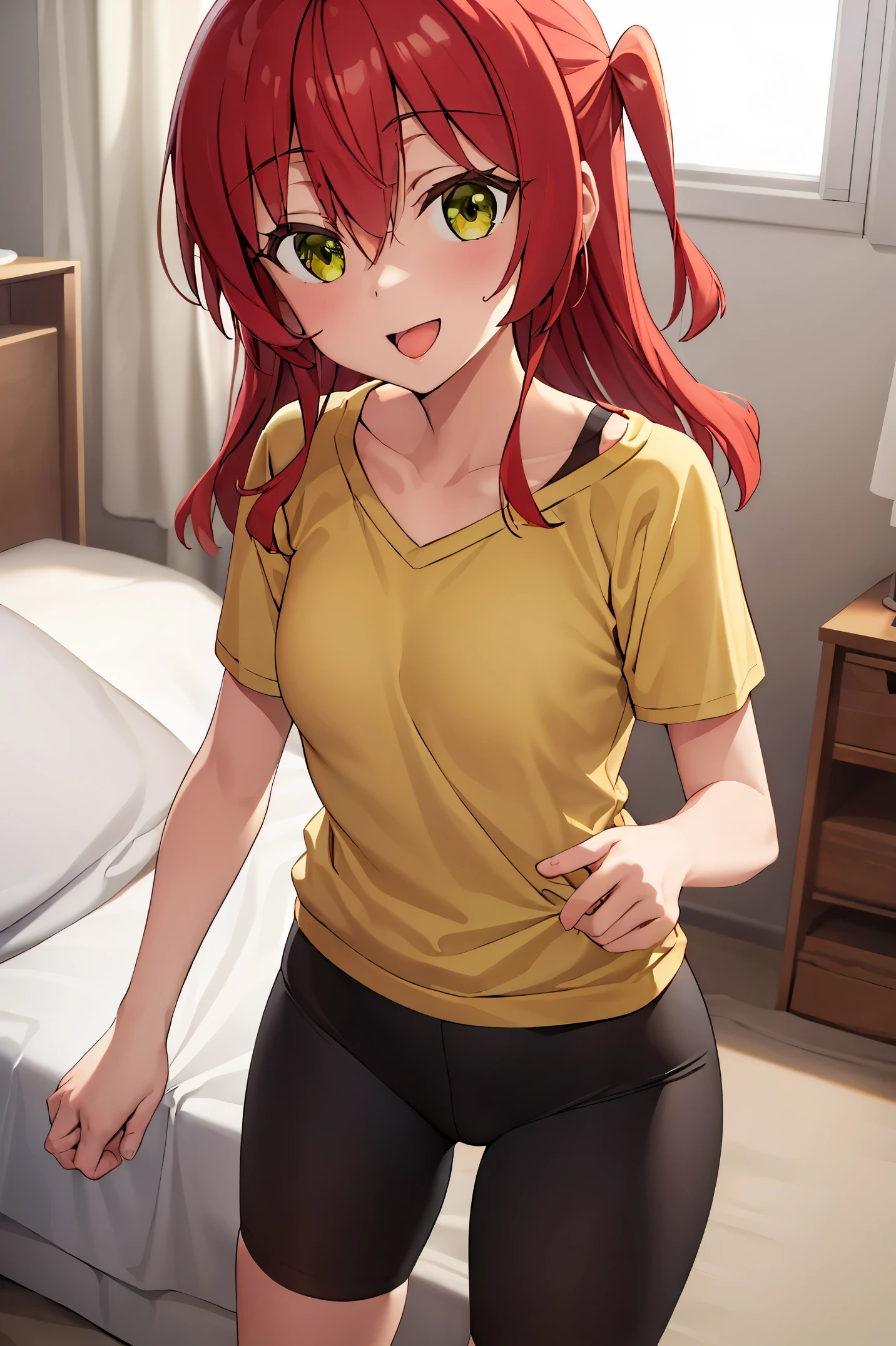 1 girl, best quality, ultra high res, long hair, red hair, green eyes, looking at viewers, small breast, standing, pov, slim body, **** body, smile, open mouth, yellow shirt, short sleeves, bike shorts, bedroom, white bed sheets,