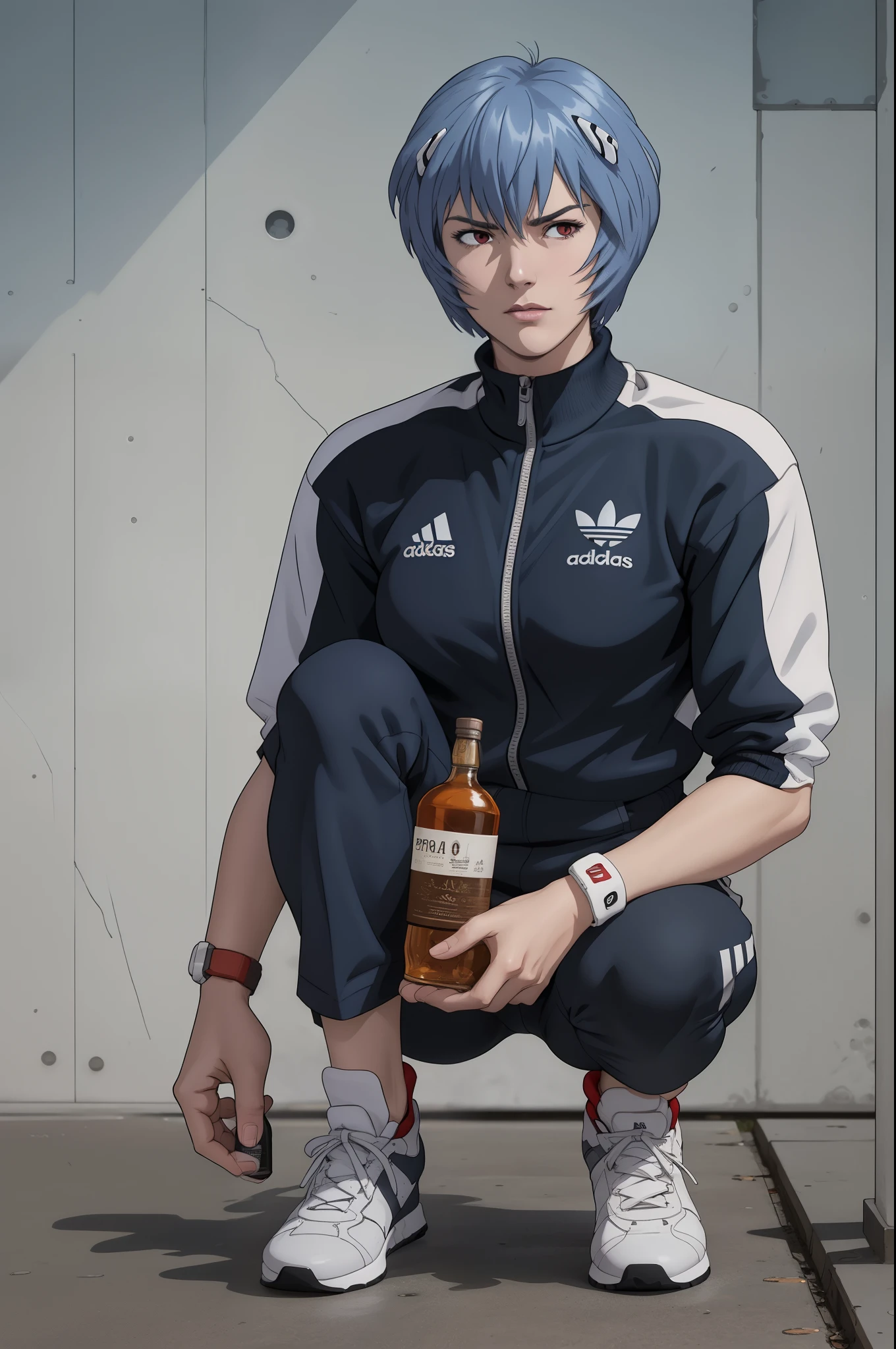 (best quality,ultra-detailed,realistic:1.37), a very confidant badass arrogant cocky boss attitude ayanamirei wearing adidas tracksuit slav squatting with both of her hands in her pants pockets with a mean face with a bottle of whisky next to her