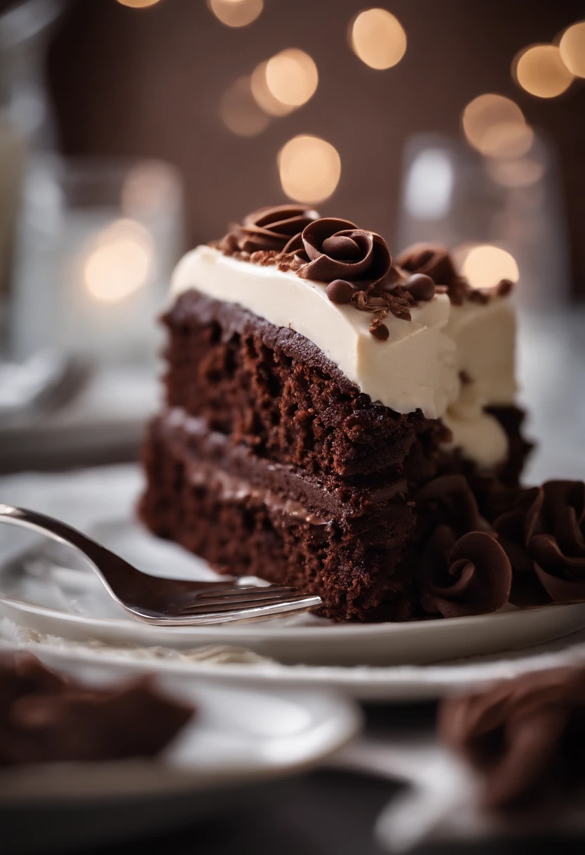 a close-up shot of a slice of chocolate cake, focusing on the layers of moist cake, creamy frosting, and any decorative elements like chocolate curls or sprinkles