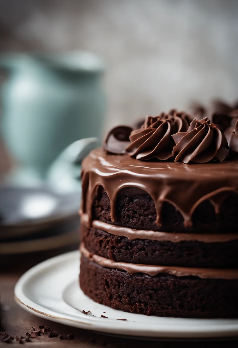 a close-up shot of a slice of chocolate cake, focusing on the layers of moist cake, creamy frosting, and any decorative elements like chocolate curls or sprinkles
