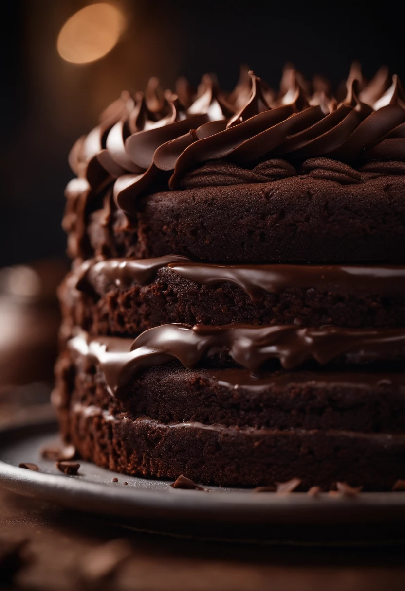 a close-up shot of a slice of chocolate cake, focusing on the layers of moist cake, creamy frosting, and any decorative elements like chocolate curls or sprinkles