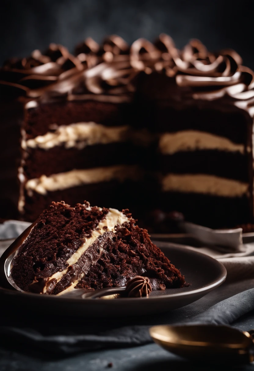 a close-up shot of a slice of chocolate cake, focusing on the layers of moist cake, creamy frosting, and any decorative elements like chocolate curls or sprinkles