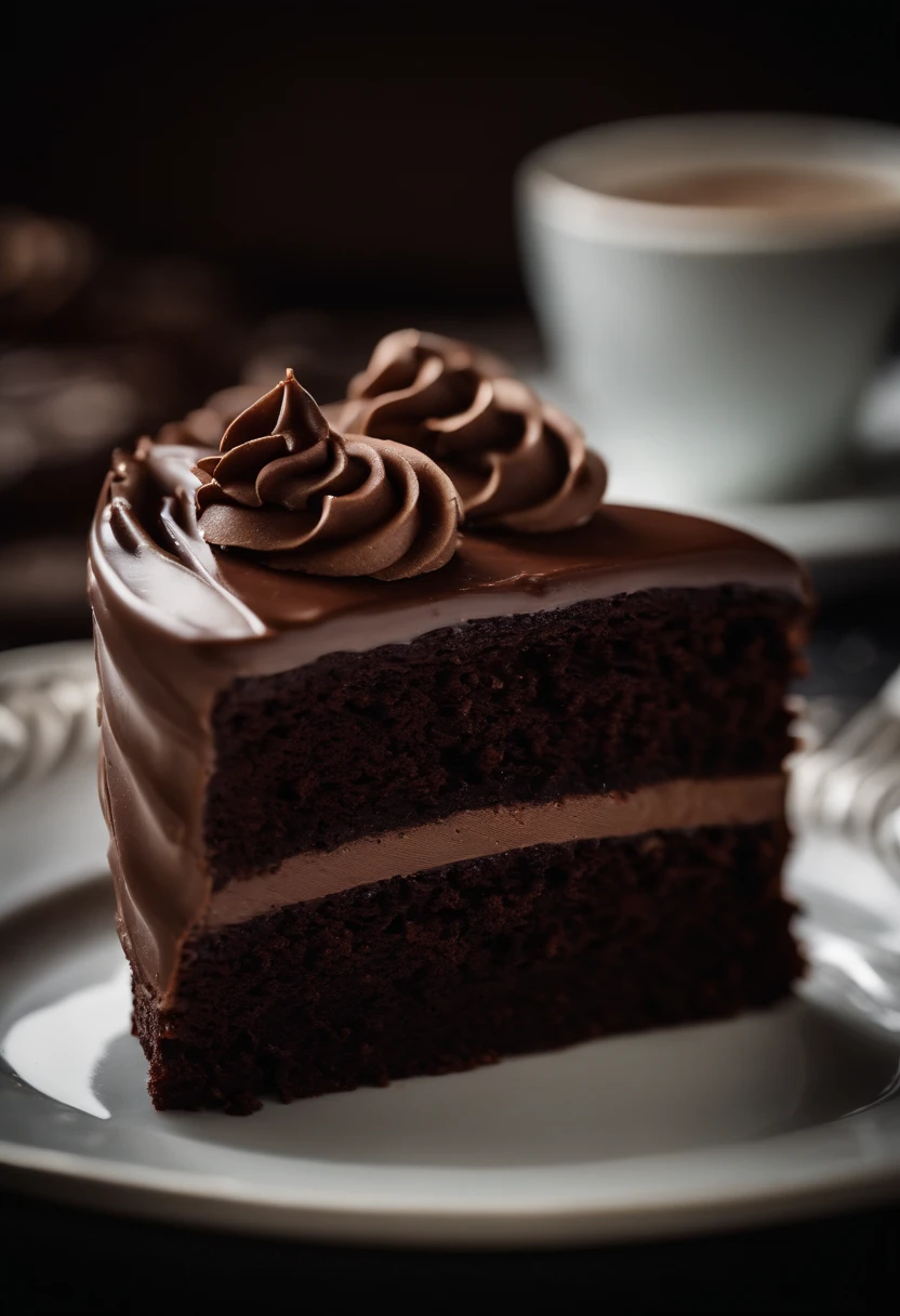 a close-up shot of a slice of chocolate cake, focusing on the layers of moist cake, creamy frosting, and any decorative elements like chocolate curls or sprinkles