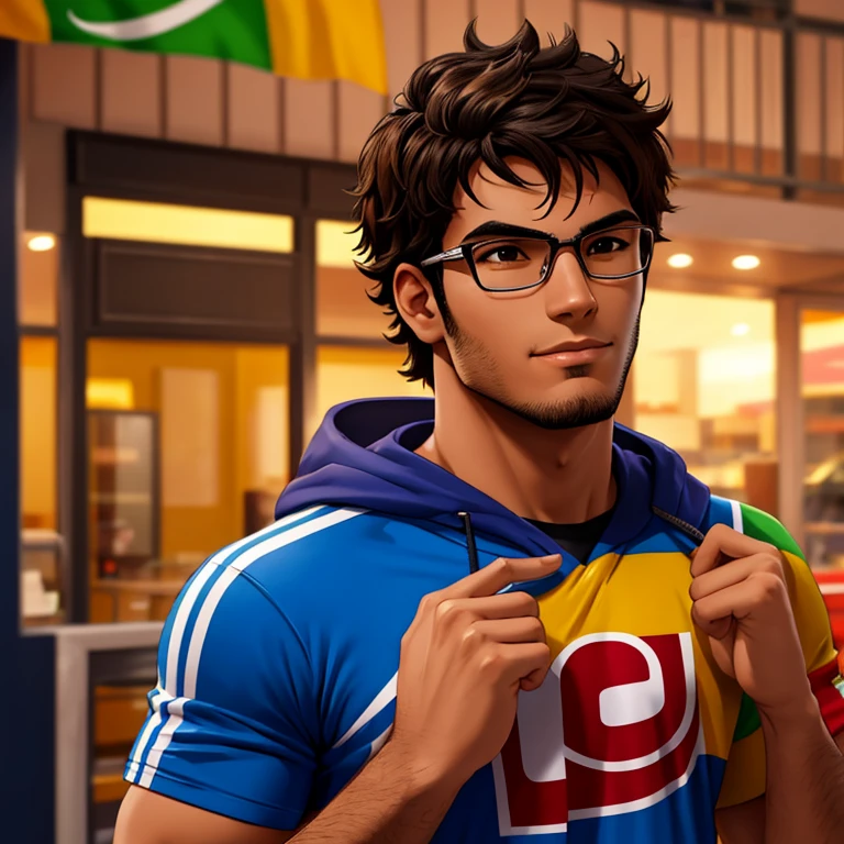 "Portray a 30-year-old Brazilian nerd and gamer from Rio de Janeiro in English, emphasizing the physical traits typical of a Brazilian. Explore features such as skin tone, hair, and facial characteristics, while also delving into his passion for gaming and nerd culture, and how being a Carioca influences his lifestyle and expressions of identity."