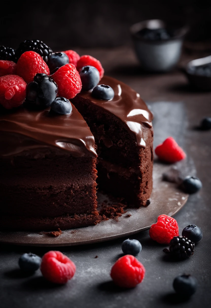 a top-down shot of a whole chocolate cake, showcasing its rich, dark brown color, smooth surface, and any decorative toppings such as berries or powdered sugar.