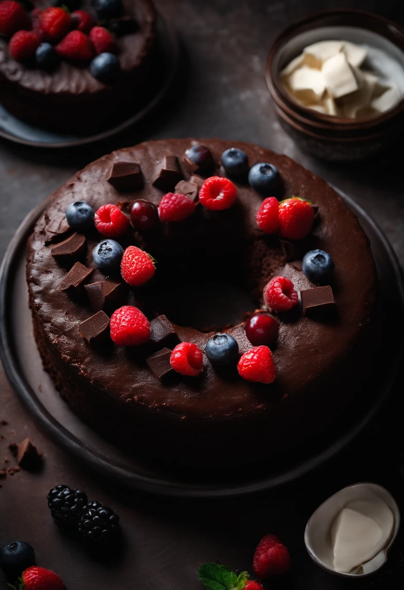 a top-down shot of a whole chocolate cake, showcasing its rich, dark brown color, smooth surface, and any decorative toppings such as berries or powdered sugar.
