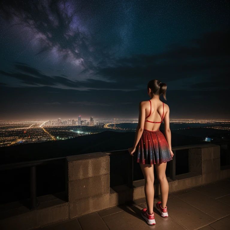 Night scenario, festive season, rear view of a girl (wearing:1.6 backless short frock, sports shoes, ponytail), watching the entire city from mountain, beautiful lighting works, colorful city, starry sky, rich colors, HDR, hyper realistic
