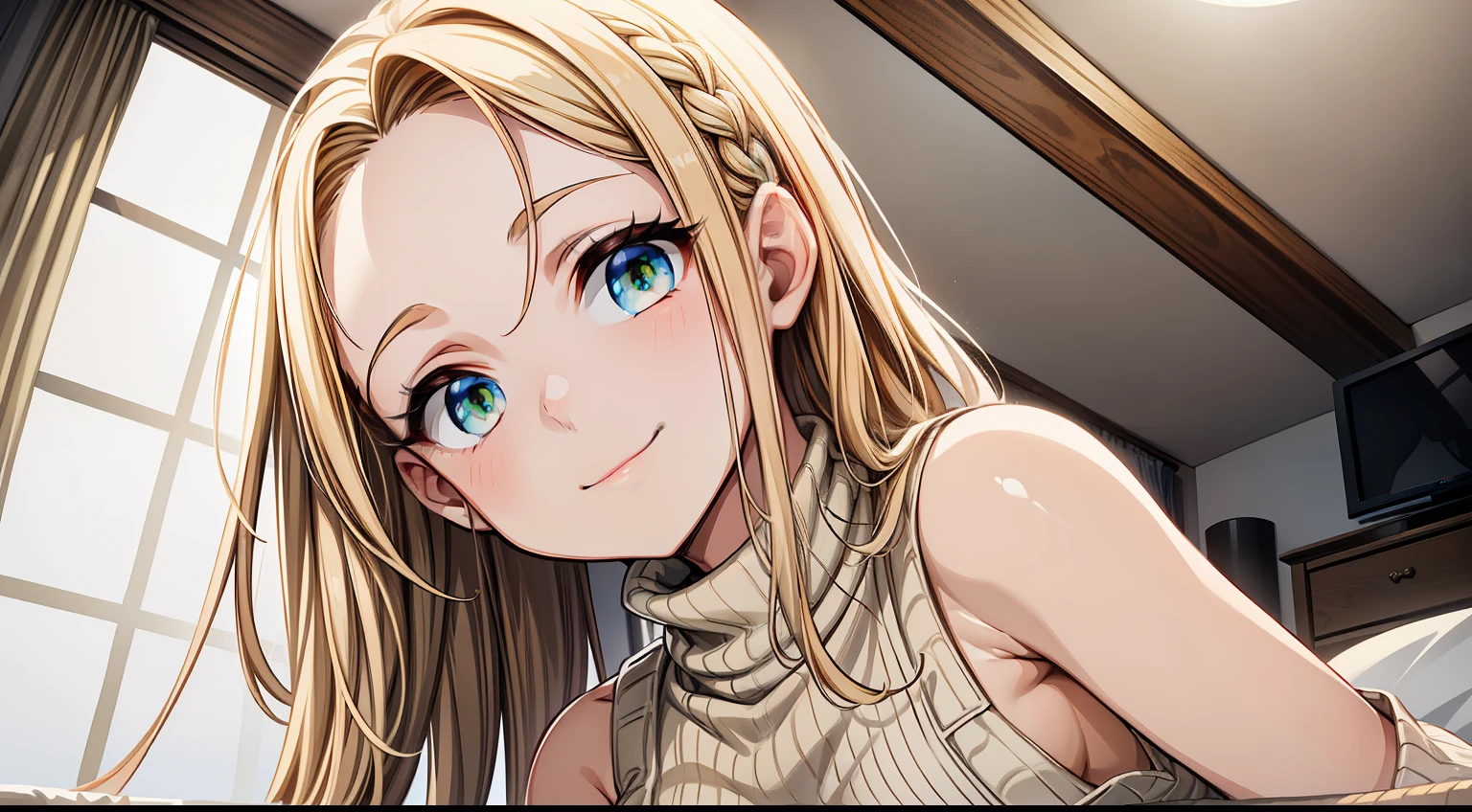 masterpiece, best quality, 1girl, solo, blonde, beige hair, very long hair, forehead, green eyes, small breasts, petite, nervous smile, cute, (turtleneck sweater, sleeveless, sleeveless sweater, oversized sweater, bottomless:1.15), (bedroom, bed, warm light), (portrait, from below), (cinematic),
