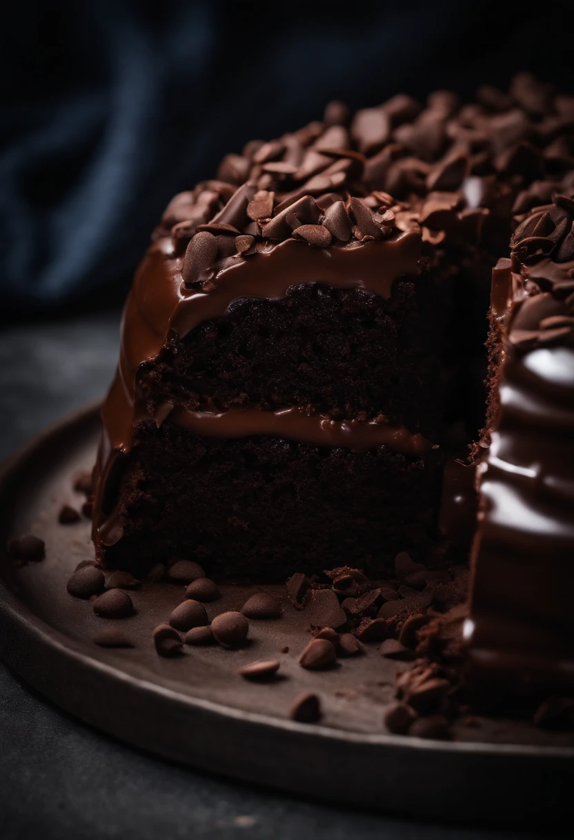 a high-resolution shot of a chocolate cake with a molten chocolate center, highlighting the oozy, decadent filling and the contrast with the cake itself