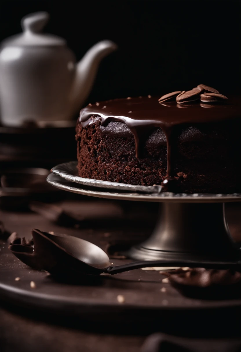 a high-resolution shot of a chocolate cake with a molten chocolate center, highlighting the oozy, decadent filling and the contrast with the cake itself