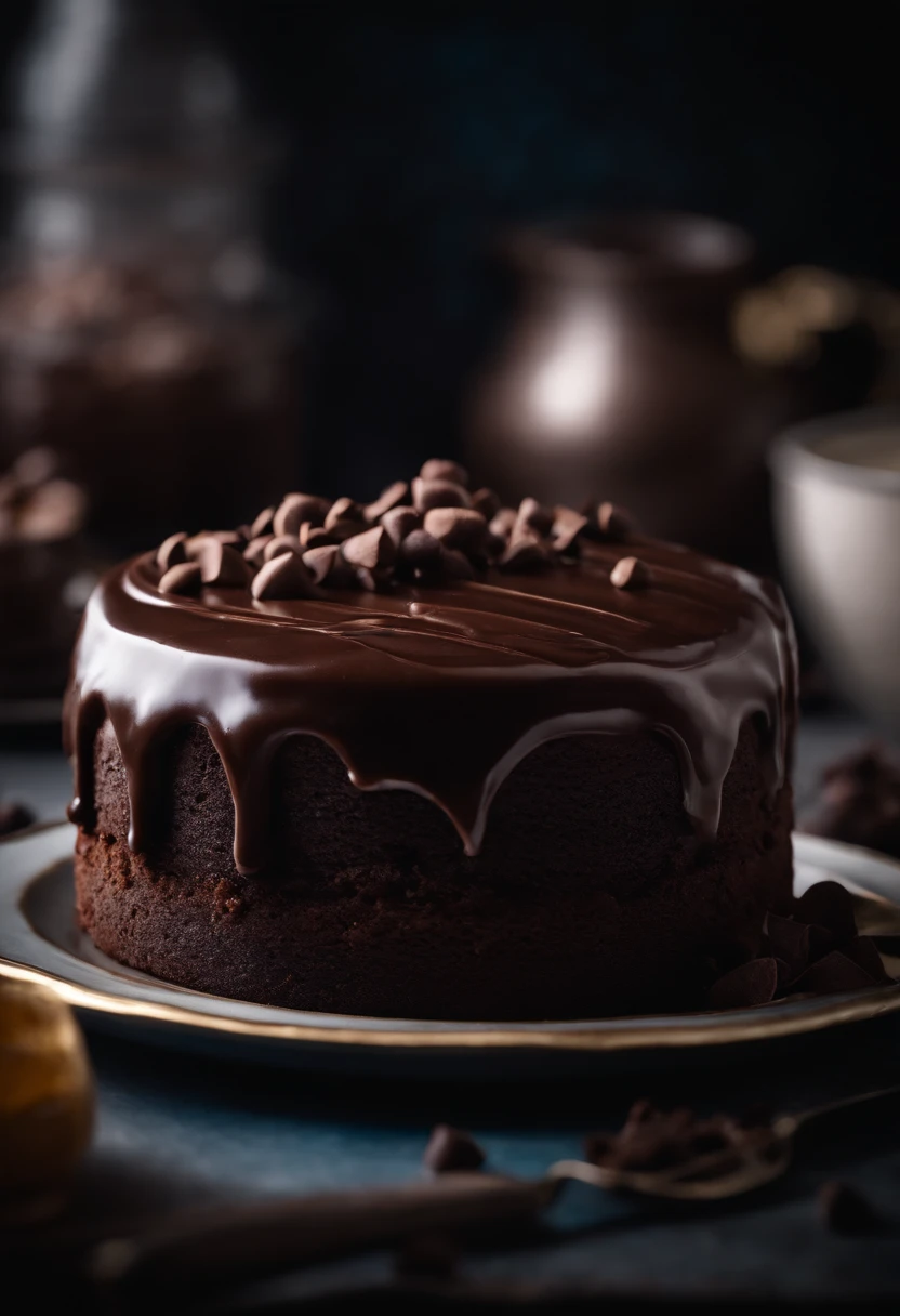 a high-resolution shot of a chocolate cake with a molten chocolate center, highlighting the oozy, decadent filling and the contrast with the cake itself