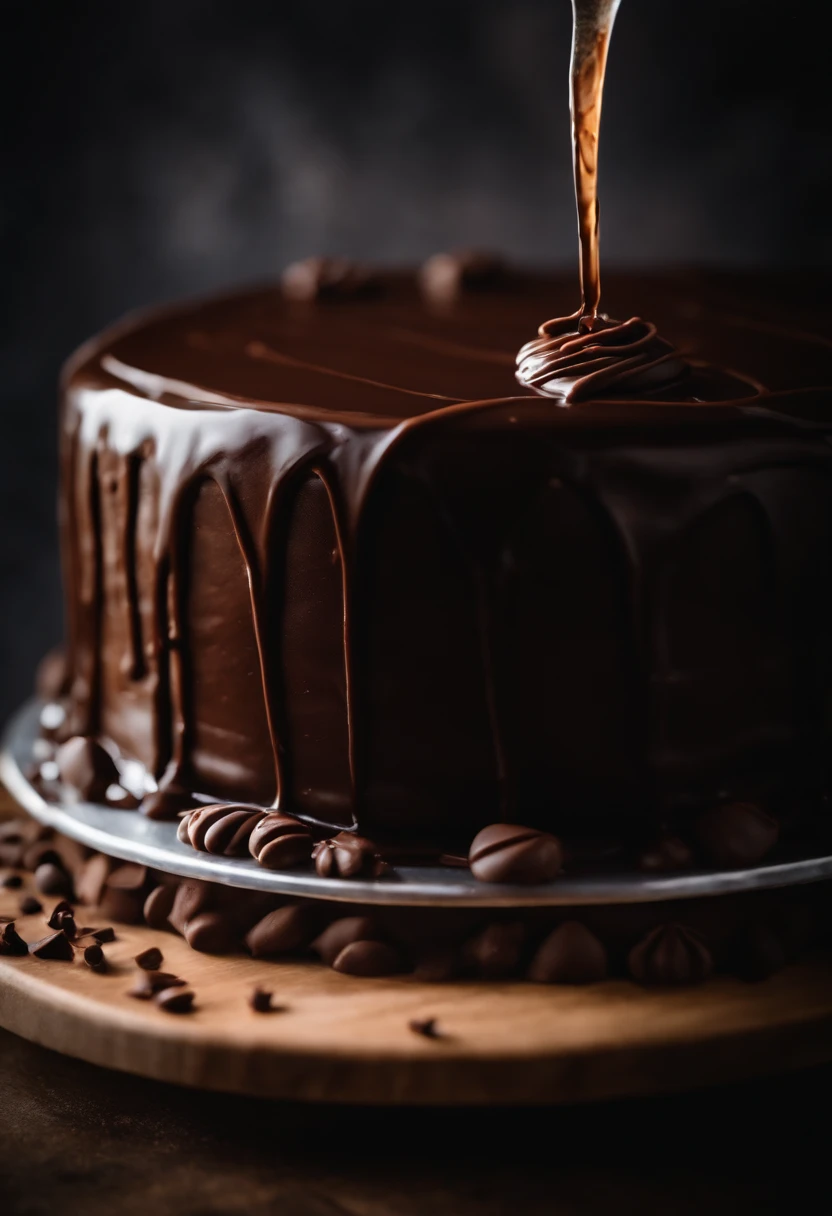 a detail shot of the chocolate ganache or frosting being poured over the cake, showcasing its glossy texture and capturing the moment of indulgence