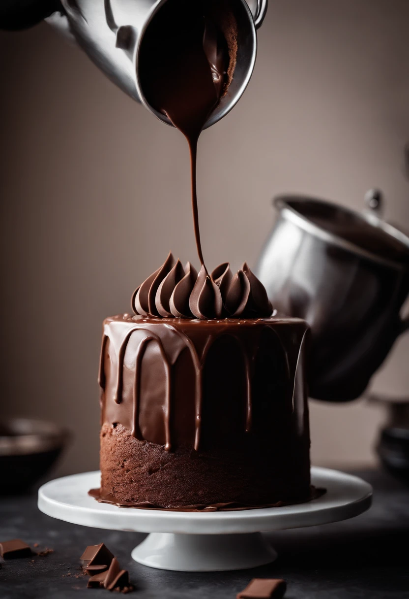 a detail shot of the chocolate ganache or frosting being poured over the cake, showcasing its glossy texture and capturing the moment of indulgence