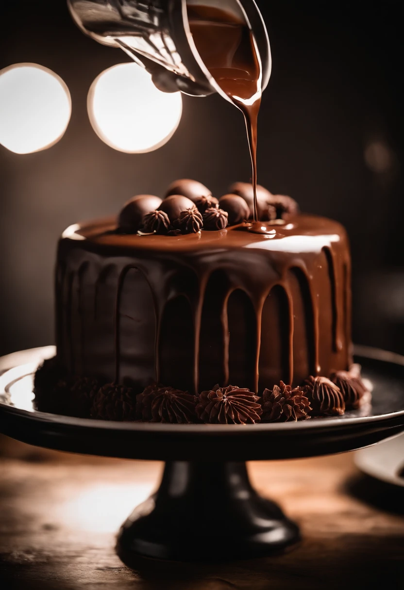 a detail shot of the chocolate ganache or frosting being poured over the cake, showcasing its glossy texture and capturing the moment of indulgence