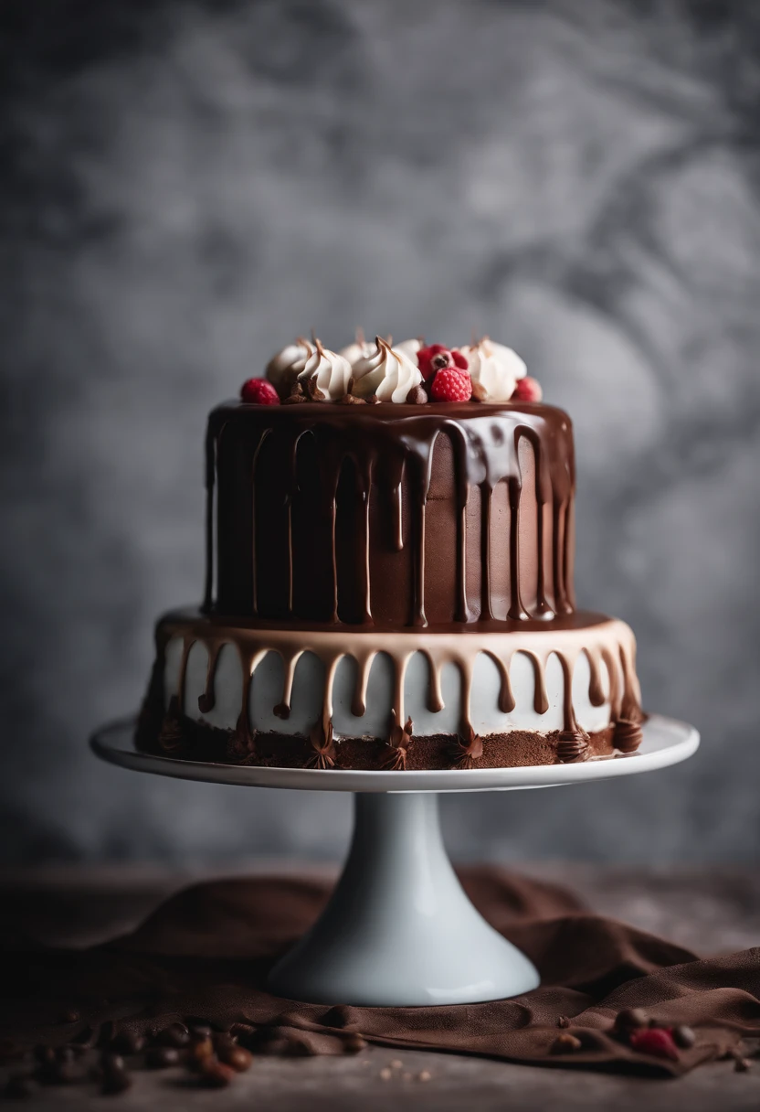 a creative shot of a chocolate cake with a unique design, such as a drip cake, ombre effect, or intricate piping work, showcasing the artistry and craftsmanship involved