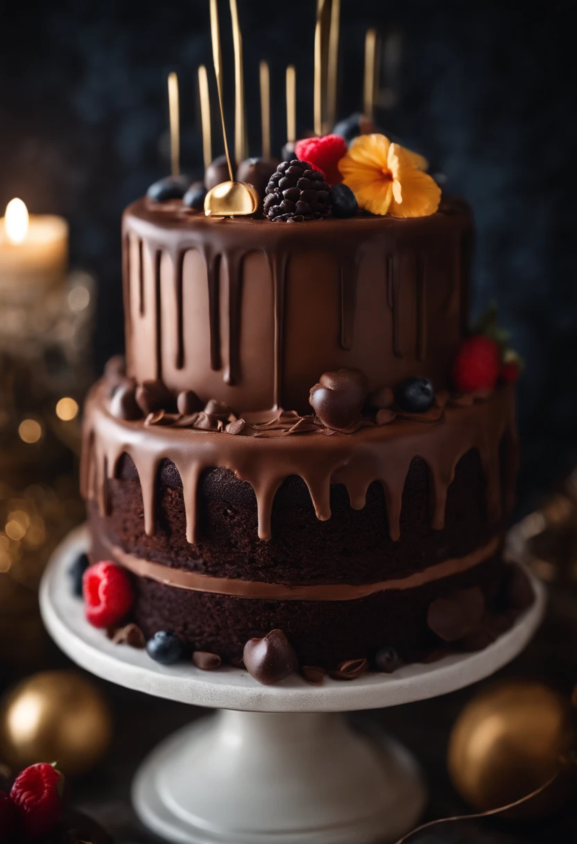 a creative shot of a chocolate cake with a unique design, such as a drip cake, ombre effect, or intricate piping work, showcasing the artistry and craftsmanship involved