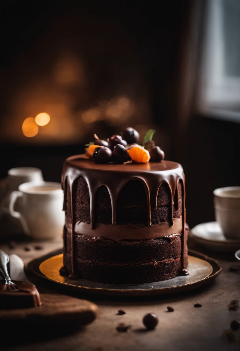 a creative shot of a chocolate cake with a unique design, such as a drip cake, ombre effect, or intricate piping work, showcasing the artistry and craftsmanship involved