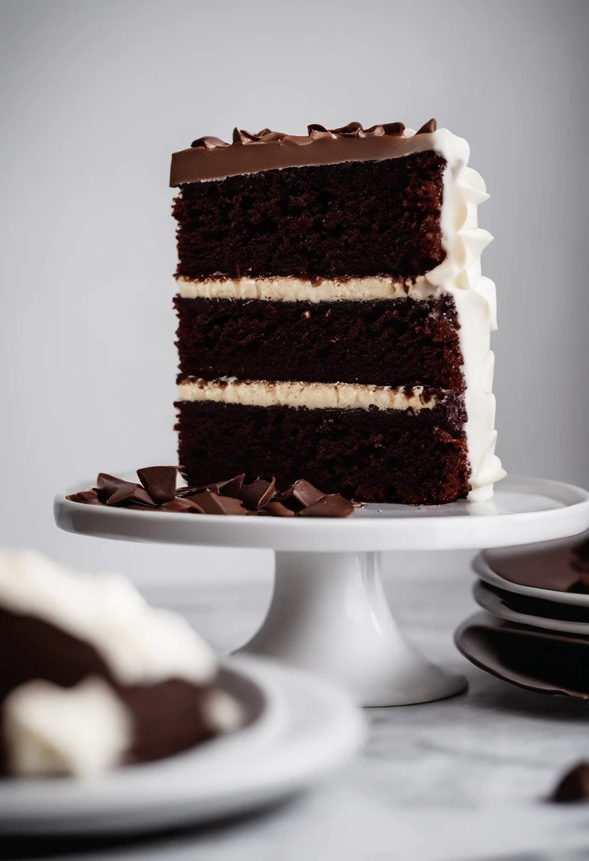 a minimalistic shot of a single slice of chocolate cake against a clean, white backdrop, allowing the rich color and texture of the cake to be the focal point