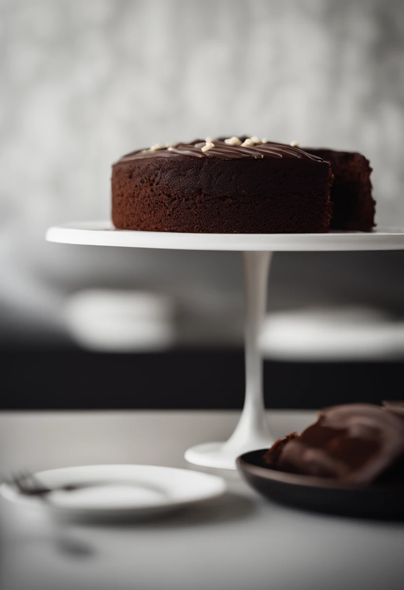 a minimalistic shot of a single slice of chocolate cake against a clean, white backdrop, allowing the rich color and texture of the cake to be the focal point