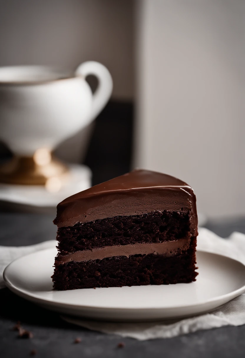 a minimalistic shot of a single slice of chocolate cake against a clean, white backdrop, allowing the rich color and texture of the cake to be the focal point