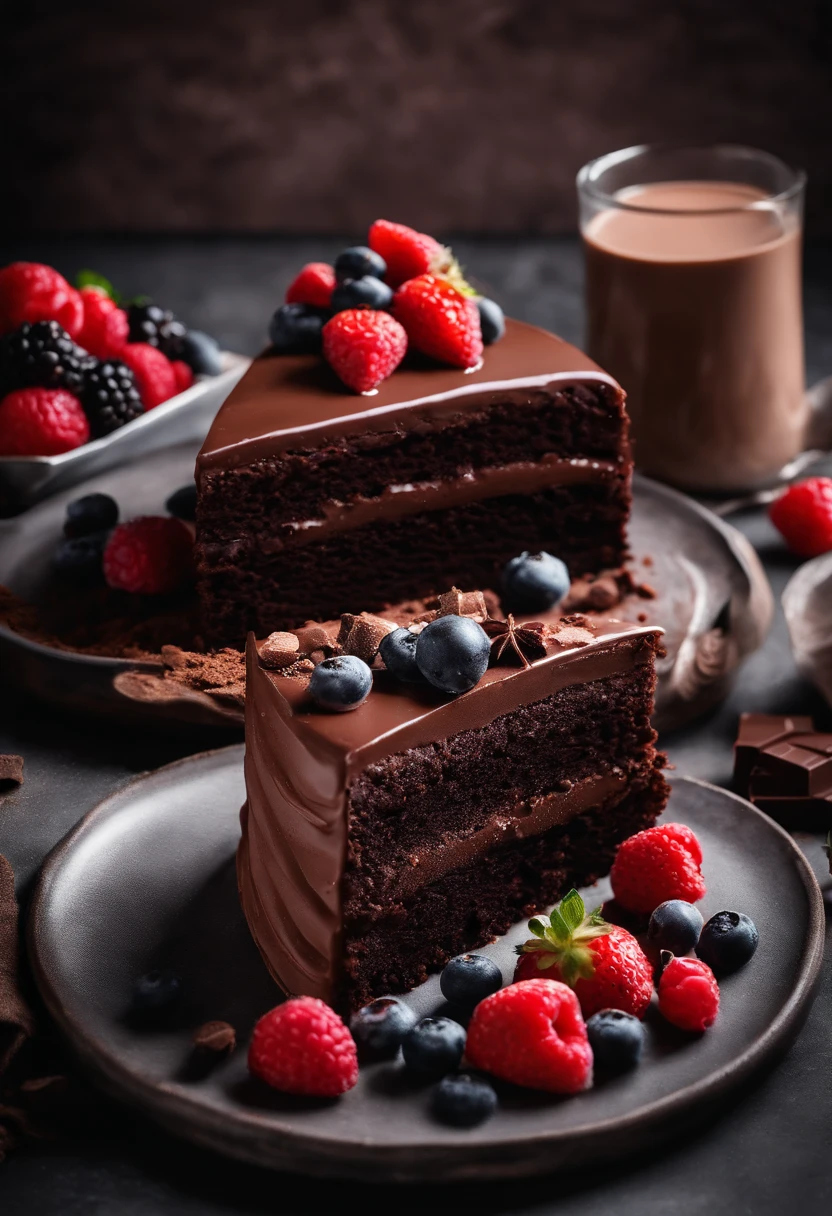 a high-angle shot of a chocolate cake surrounded by ingredients such as cocoa powder, chocolate bars, and fresh berries, creating a visually appealing composition that showcases the flavors and textures of chocolate