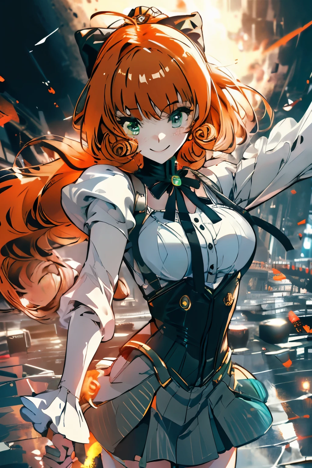 Penny Mac 2, Detailed face, Beautiful, blur, depth of fields, Green eyes, hitornfreckles, Black bow, (Power Symbol:1.2), a black ribbon, black thighhighs, mechanical legs, Smile, Long hair, juliet sleeves, White blouse, Suspender Skirt, corsets, buttoning, Orange hair, 8K Wallpaper, Octane Render, Cinematic lighting, Best Quality, hight resolution, absurderes, Sharp Focus, (8K), (4K), (Best Quality), Fantasy, Extremely detailed, Convoluted, Hyper Detailed, (Perfect face), Illustration, Soft lighting, (Specular lighting:1.4),