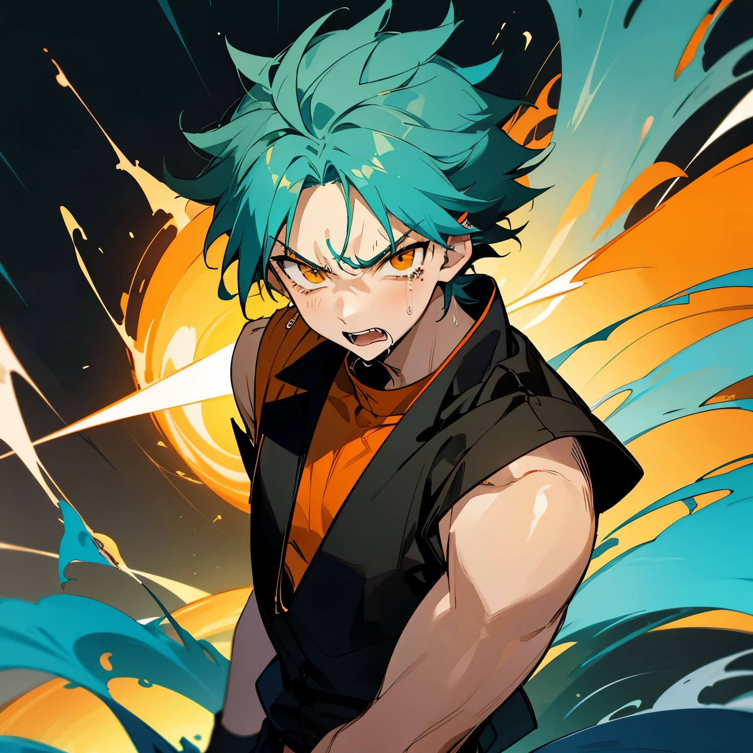 1 boy, Turquoise hair, orange eyes, black cloth, handsome, 15 years old kid, wearing uniform, orange eye liner, mad, angry, light power, crying