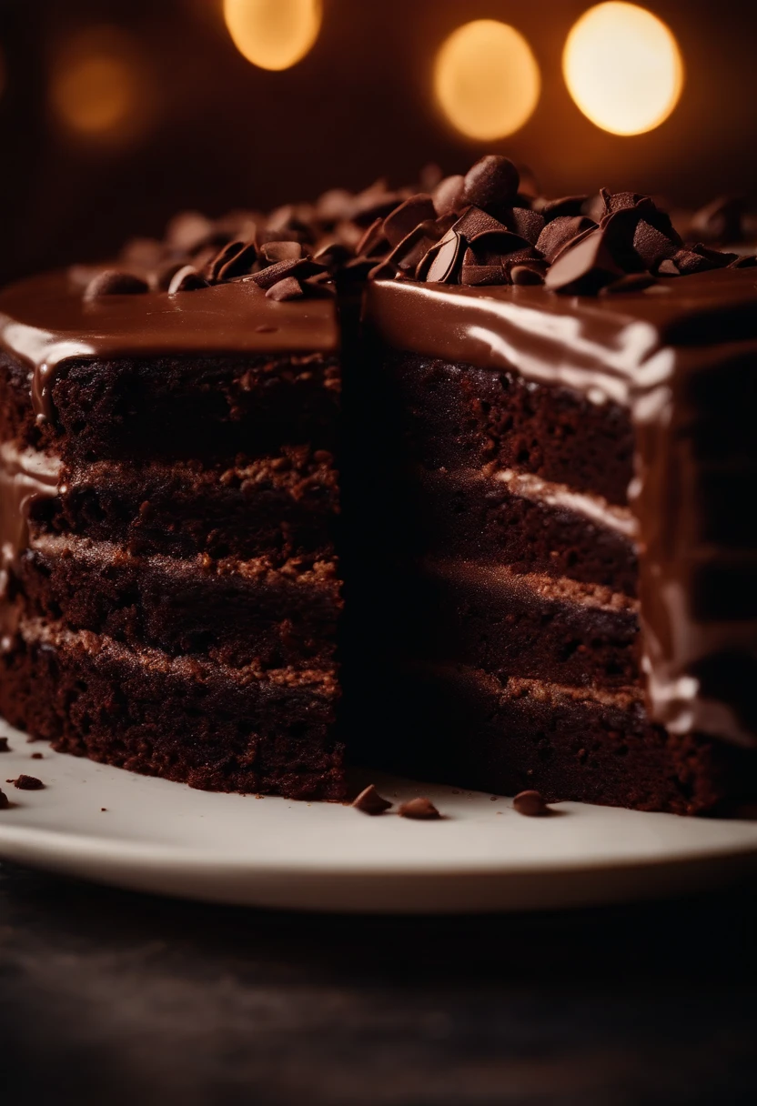 a detailed macro shot of a slice of chocolate cake, zooming in on the crumbs, texture of the cake layers, and the details of any decorative elements