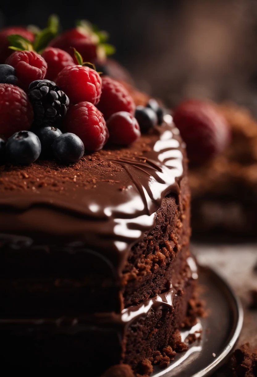 a detailed macro shot of a slice of chocolate cake, zooming in on the crumbs, texture of the cake layers, and the details of any decorative elements