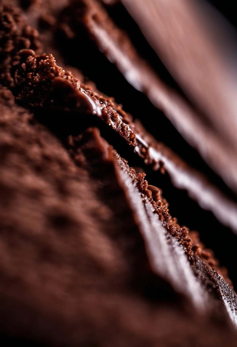 a detailed macro shot of a slice of chocolate cake, zooming in on the crumbs, texture of the cake layers, and the details of any decorative elements