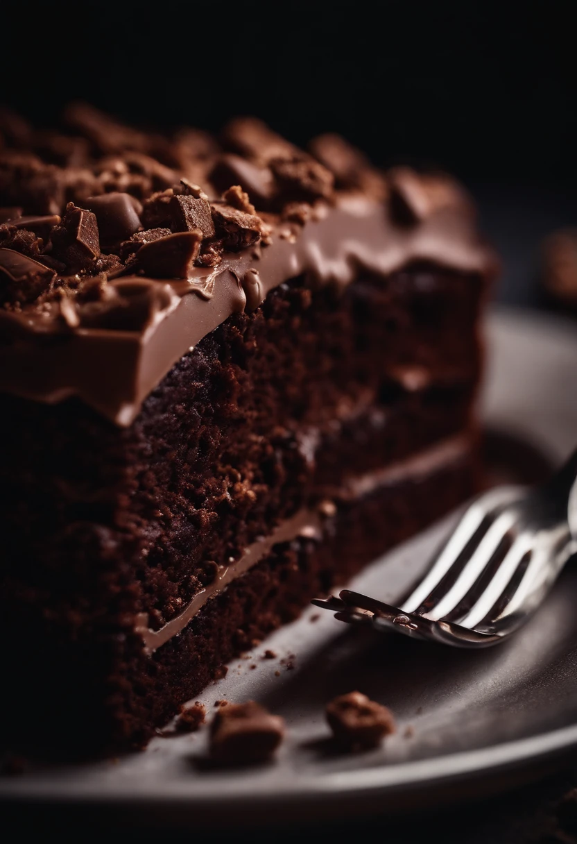 a detailed macro shot of a slice of chocolate cake, zooming in on the crumbs, texture of the cake layers, and the details of any decorative elements