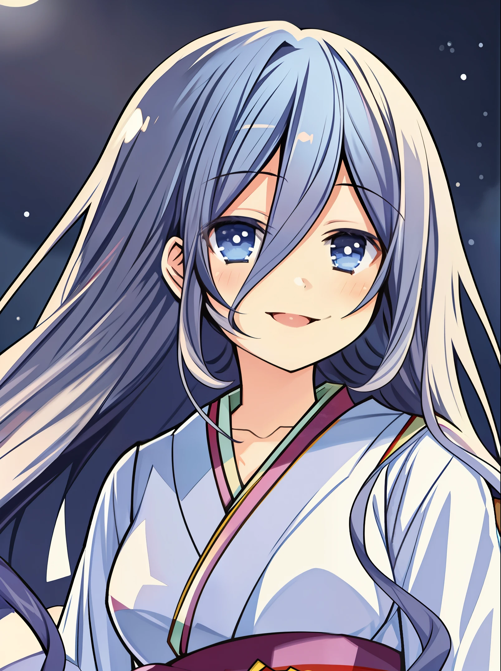 Takamiya Mio, ultra high quality, 1girl, solo, beautiful girl, light smile, open eyes, detailed eyes, girl wearing a kimono, pretty anime girl, night, pale blue hair, long hair, bangs, kimono, festival