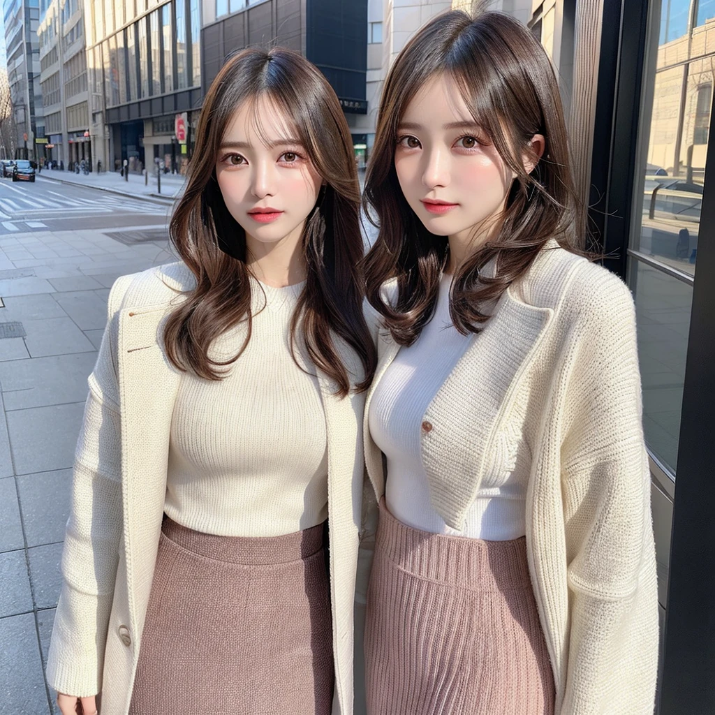 Best Quality, masutepiece, Photorealistic, Realistic, Ultra high definition, rey tracing、Beautuful Women、very 、Big chest looking directly at the camera、sexy facial expression、full body Esbian、Bright background、Downtown in winter、knit、coat、pleatedskirt