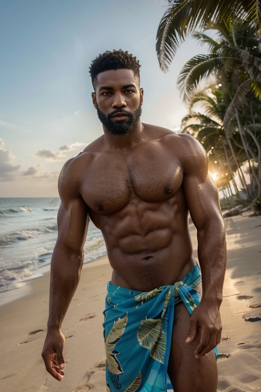 (highres:1.2),(realistic,photorealistic:1.37),black guy,beard,muscle lean,sarong,pubic hair,vibrant colors,details in skin and hair,confident expression,beach setting,evening sunlight,rippling muscles,athletic physique,sculpted jawline,intense gaze,impeccably groomed,expressive eyes,proud stance,masculine energy,stylish sarong,fine fabric texture,lush tropical backdrop,relaxed atmosphere,subtle shadows,sand between toes,gentle breeze,rippling waves,gleaming abs,beach accessories,confident posture,sensual presence,dreamy sunset colors,artistic lighting,almaty>tag.